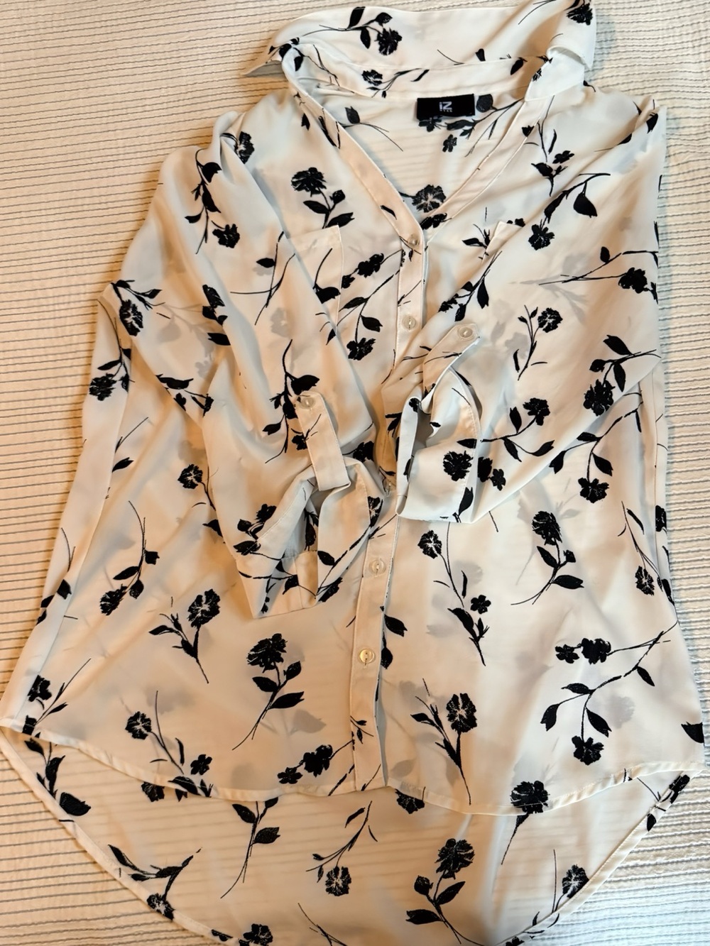 Iz Byer Sheer White Button-Down Shirt with Black Floral Print